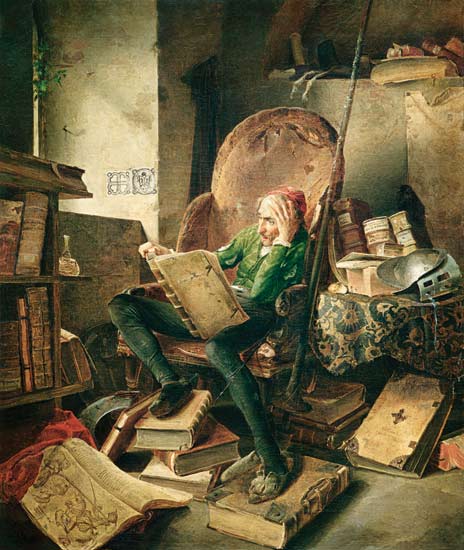 "Don Quijote leyendo libros". Adolf Schrödter (1834)