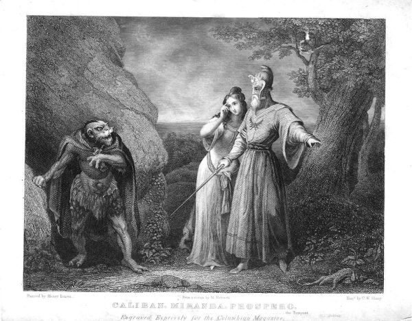 Grabado que representa a Próspero, su hija Miranda y Calibán