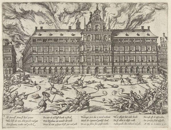 Incendio del Ayuntamiento de Amberes en 1576 durante el saqueo de las tropas españolas en Flandes