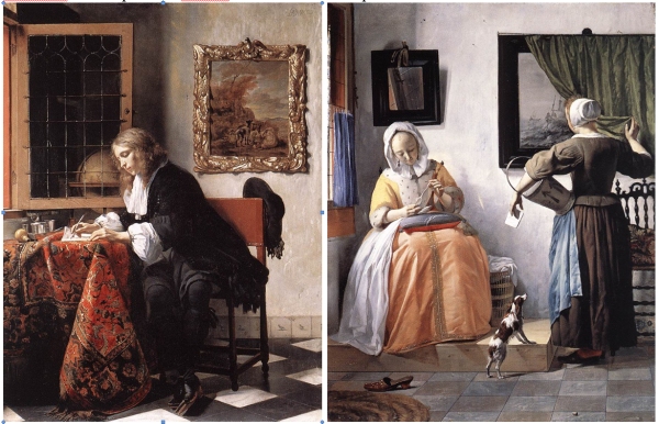 Dos cuadros del pintor holandés Gabriël Metsu que representan a un hombre escribiendo la carta que en el siguiente cuadro lee la mujer que la ha recibido