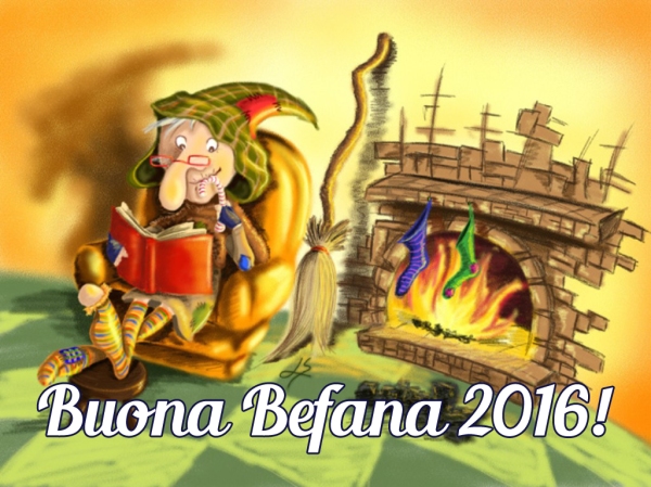 Tarjeta de felicitación con la figura de la Befana, perteneciente al folclore italiano y que se asocia a la festividad de Epifanía