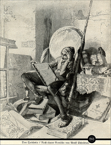 Grabado alemán que representa a Alonso Quijano leyendo libros de caballerías en su biblioteca